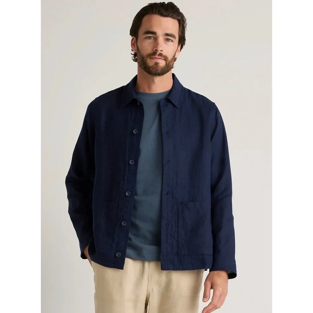 Quince Mens 100% European Linen Chore Jacket Navy Blue Large Button Shacket